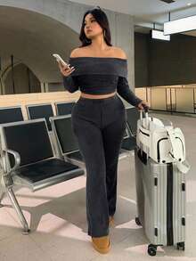 SHEIN EZwear 大码休闲家居服简约露肩粗条纹两件套 - 灰色 - 查看 5