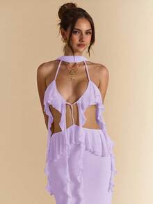 SHEIN BAE 丁香紫夏季 70 年代舞廳夜派對迪斯可優雅女款荷葉邊露背繫帶超長波西米亞海灘度假洋裝音樂會造型服 - 淡紫色 - 查看 7