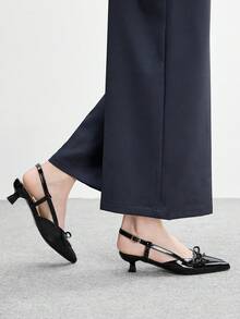 CUCCOO BIZCHIC 1 par de zapatos tipo mula de punta afilada con hebilla de material perlado y diseño de lazo en la correa trasera, adecuados para fiestas, uso diario y fotografía - Negro - Ver 3