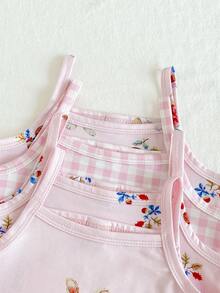 SHEIN Vintaside Kids 4pcs Baby Girls' Casual Cute Rabbit & Bear Pattern Bodysuit, Suitable For Spring/Summer, Daily Wear - Pink - View 7