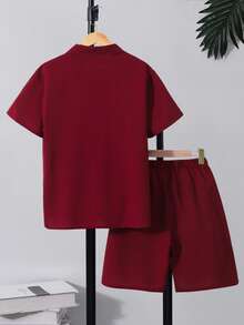 2pcs Teenage Boys' Casual Vacation Gentleman Style Red Short Sleeve Shirt And Shorts Set, Spring/Summer - Burgundy - View 3
