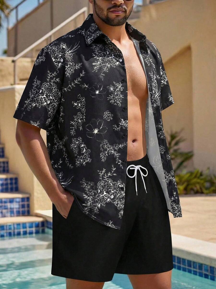 Manfinity Swimmode Men's Beach Vacation Casual Printed Shirt And Shorts Set - Multicolor - View 1