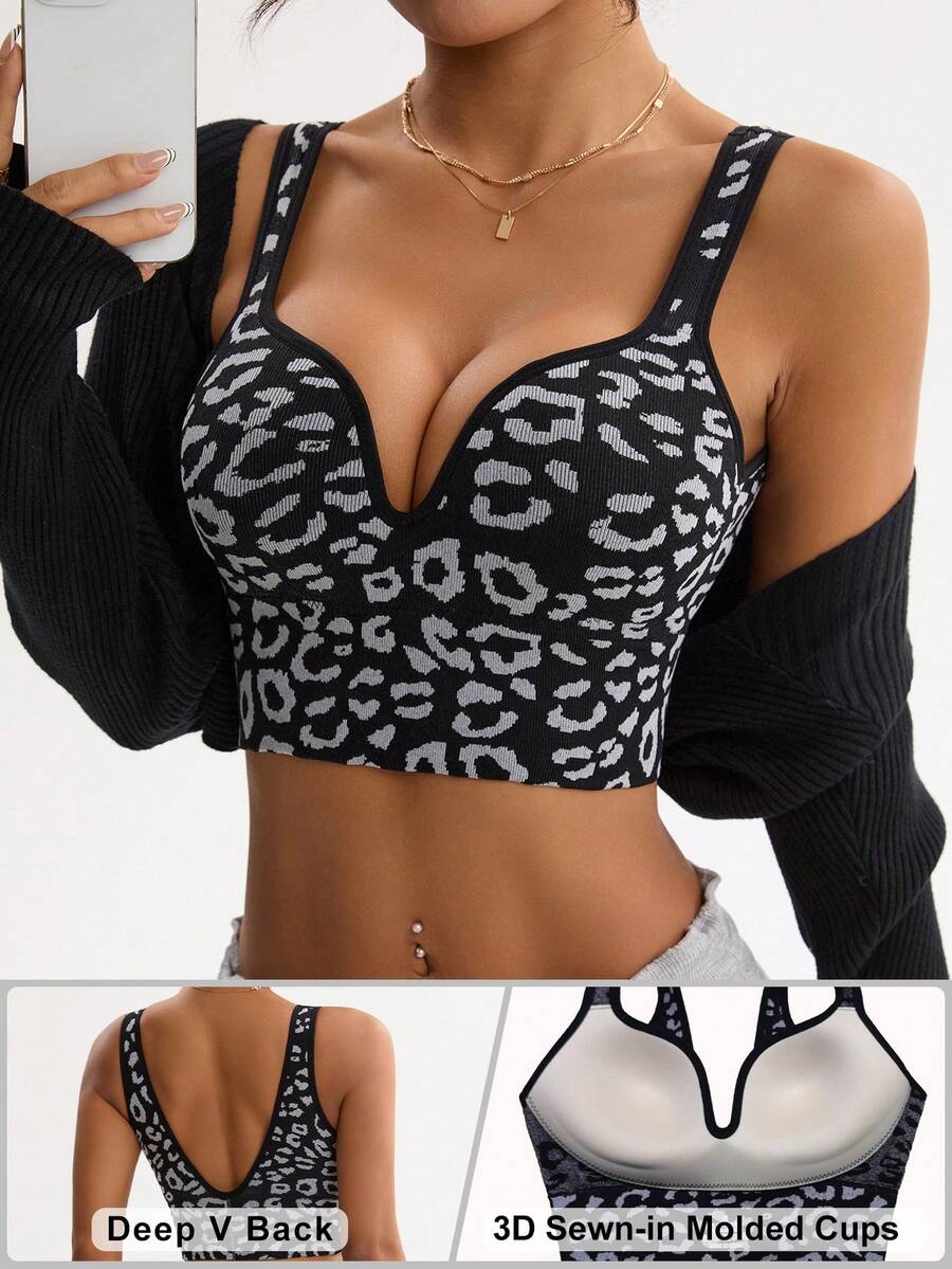 Dewbera 无缝豹纹运动文胸吊带衫 - 黑與白 - 查看 1