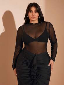 SHEIN BAE 大码女式黑色网纱透视连体衣，女士连体衣，黑色连体衣，紧身连体袜，大码塑形连体衣，演唱会连体衣，圣诞节服装，女士休闲紧身连体衣，性感连体衣，大码长袖连体衣，高领连体衣，大码透视连体衣，女士职业装