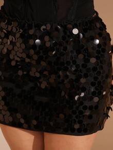 SHEIN BAE 大码女式纯色亮片迷你裙，适合派对、春夏派对和夜店穿着 - 黑色 - 查看 5