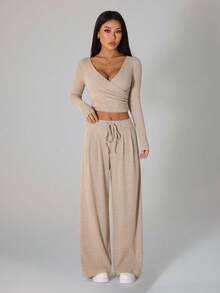SHEIN PETITE Women's Light Beige Casual Ribbed Long Sleeve T-Shirt And Pants Two Pieces Comfy Lounge Set For Autumn , Petite Women - Khaki - View 7
