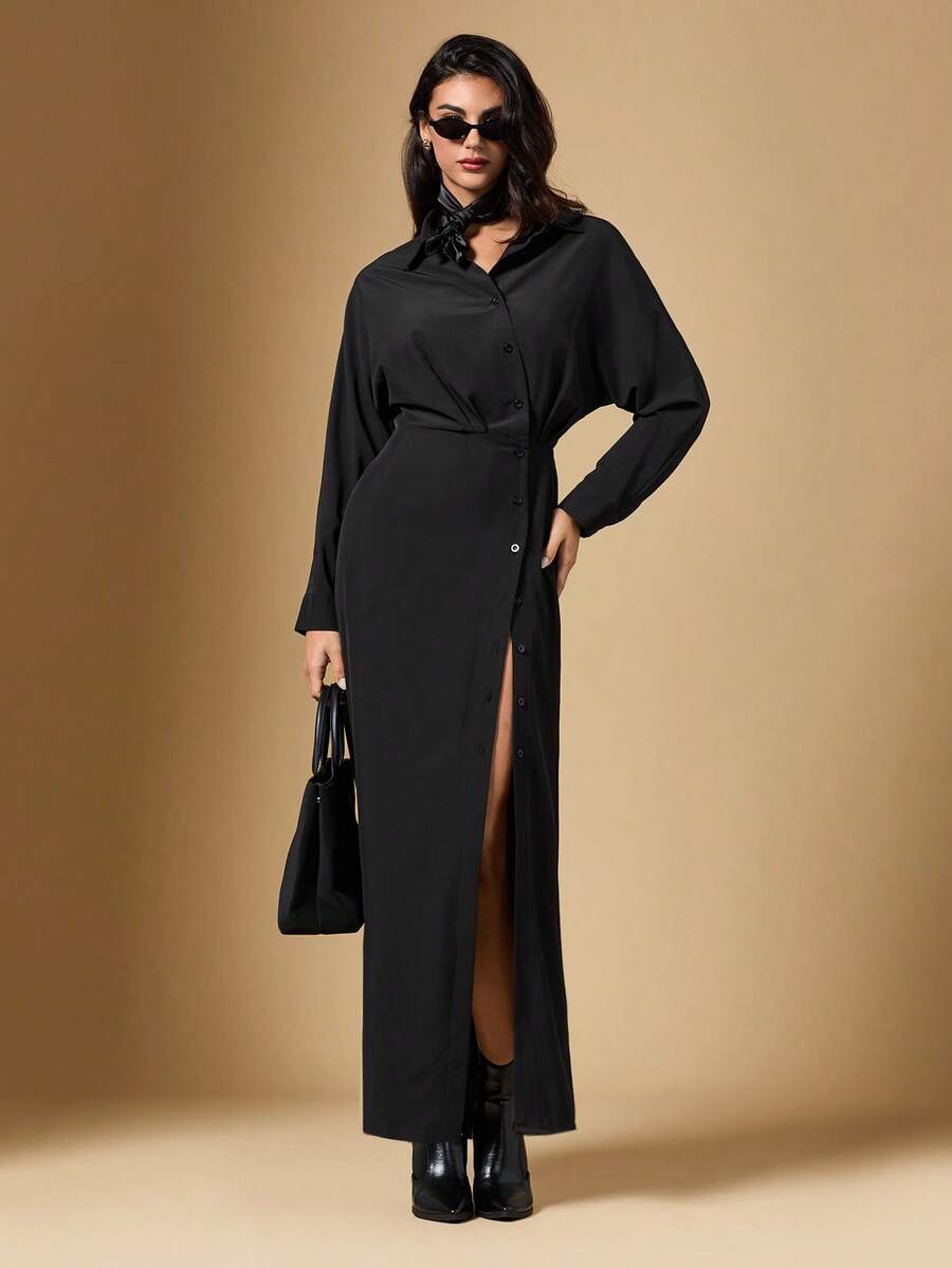 Briarwyn 新款女士纯色翻领斜襟长袖休闲衬衫裙，女士休闲衬衫裙，黑色衬衫裙，女士休闲连衣裙，复古风格，女士夏季连衣裙，夏季穿搭，夏季度假穿搭，女士春季穿搭，情人节，优雅派对礼服，休闲长裙 - 黑色 - 查看 1