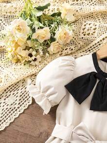 1pc Girls Casual Butterfly Collar Puff Sleeve Belted Jumpsuit - Apricot - View 6