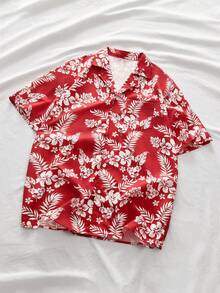 AXEPEAK Loose Fit Men's Tropical Print Short Sleeve Casual Shirt - Red and White - View 1