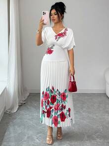 Elenzga Đầm in hoa hồng cổ chữ V thanh lịch và tinh tế với phần eo xếp ly tạo hiệu ứng thon gọn. Đầm trắng thanh lịch, đầm in hoa, đầm hoa trắng, đầm xếp ly, đầm dài họa tiết hoa cho nữ, đầm in hoa hồng trắng, đầm hè xếp ly, đầm hoa mùa xuân, đầm thanh lịch cho nữ. - màu đen - Xem 4