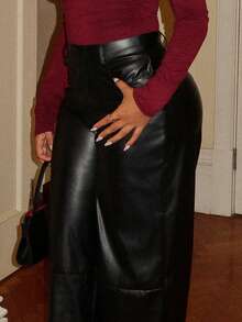 Maria Perezxox 女士皮革女裤纯色前扣简约休闲裤、日常穿着、女士下装 - 黑色 - 查看 6