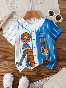 Blippi X SHEIN Young Boy Striped & Cartoon Figure Graphic Round Neck Short Sleeve T-Shirt - White - View 1