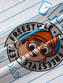 Blippi X SHEIN Young Boy Striped & Cartoon Figure Graphic Round Neck Short Sleeve T-Shirt - White - View 3