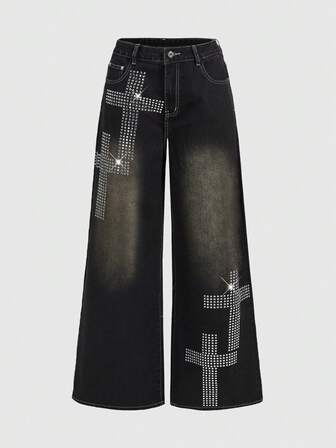 Grunge Punk Jeans da donna con vestibilità morbida, stile grunge, effetto vissuto e vintage, oversize, con grafica a croce