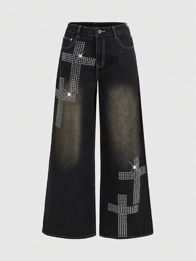 Grunge Punk Lässig geschnittene, im Grunge-Stil verwaschene, vintage, oversized Frauen Jeans mit Kreuz-Grafik