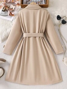 SHEIN 1pc Fashionable Girls' Khaki Woven Reversible Collar Double-Breasted Belted Long Jacket, Suitable For Spring, Autumn, Winter, Outdoor, Travel, Street Style, Casual, Home, Commute - Khaki - View 2