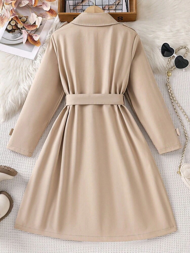 SHEIN 1pc Girls' Khaki Double-Breasted Belted Long Jacket,Brown,Autumn,Vintage,School,Back-To-School Fashionable Woven Reversible Collar Coat For Outdoor - Khaki - View 2