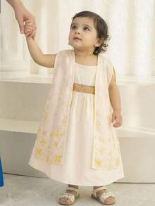 Baby Girl Classic Geometric Print Hooded Cape Robe And Gold Sash Dress Set