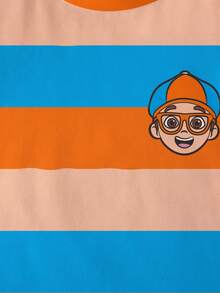 Blippi X SHEIN 男童休闲撞色条纹卡通图案圆领短袖T恤，夏季款 - 白色 - 查看 3