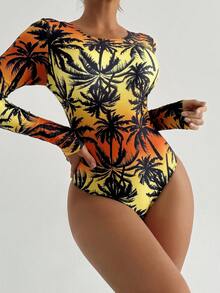 Swim SPRTY Women's Summer Random Palm Tree Print Criss-Cross Backless One-Piece Long Sleeve Swimsuit - Multicolor - View 4