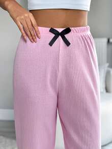 EURMUSE 棉质罗纹针织两件套纯色撞色缝线蝴蝶结细节女士家居睡裤套装 女士睡裤 女士睡裤 家居裤 舒适睡裤 舒适睡裤 女士睡裤 可爱睡裤 - 彩色 - 查看 7