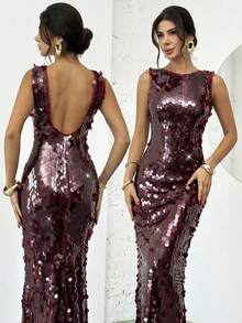 Firerie Damen Burgunderrotes Pailletten besticktes Pailletten Abschlussball rückenfrei Maxikleid, elegantes rückenloses Meerjungfrau Saum Abendkleid, extra langes formelles Kleid, Hochzeitsgast Kleid, geeignet für Frühling, Sommer, Herbst, Winter, elegant, Pendeln, Date, Party, Hochzeitssaison, Abschlussball, Aufführung, Konzert, Arbeit, Schulanfang, Jahresfeier, Geburstagskleid für Damen - Bordeaux - Übersicht 2