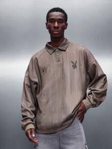 PLAYBOY X SUMWON Bunny Logo Ribbed Texture Long Sleeve Polo Shirt With Vertical Stripes And Number Print Regular Fit Collared Top - Multicolor - View 2