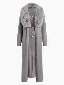 ZEYLAH 女士秋冬无袖连衣裙和长款开衫两件套 - 灰色 - 查看 1