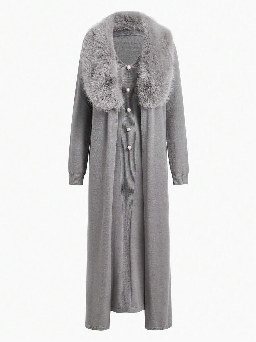 ZEYLAH 女士秋冬无袖连衣裙和长款开衫两件套 - 灰色 - 查看 1