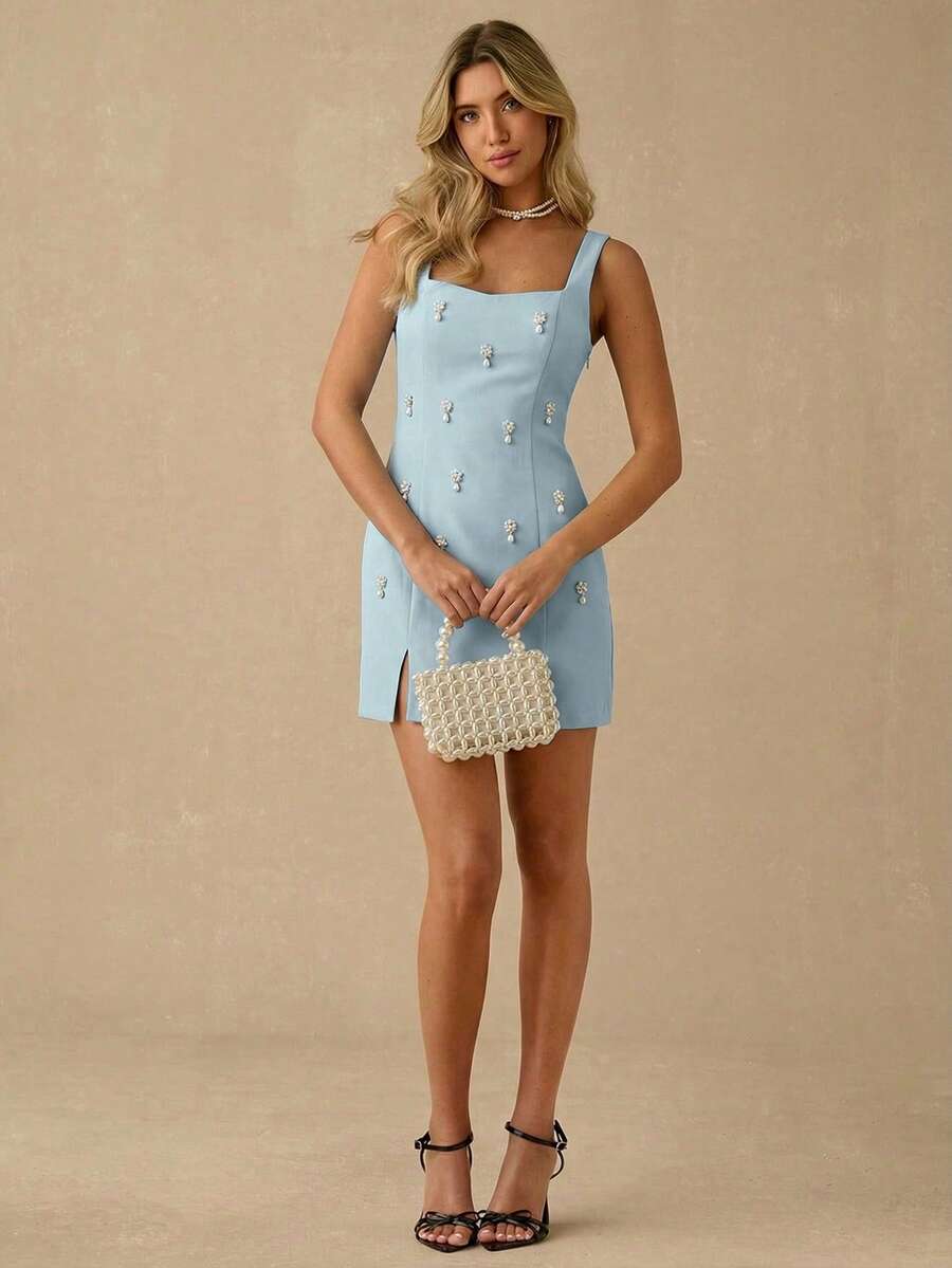 Enchnt 女士纯色仿珍珠装饰开衩优雅无袖连衣裙 - 淺藍色 - 查看 1