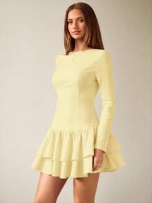 SHEIN BAE 纯色深棕色圆领长袖褶裥下摆休闲优雅女士迷你连衣裙，优雅连衣裙，约会连衣裙，生日迷你连衣裙，棕色连衣裙，秋冬季叠穿连衣裙 - 黃色 - 查看 3