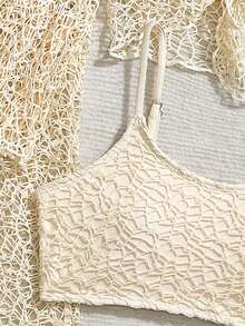 SHEIN 少女比基尼套装，米色纯色镂空网纱针织面料，纱线服装，纱线裤，镂空网纱罩衫，四件套泳衣和泳裤，纱线服装和纱线裤，时尚休闲，精致华丽，适合游泳，适合夏季度假、海滩、游泳池、夏季派对等休闲场合。少女两件套，少女夏季两件套沙滩装，带罩衫的泳衣，三件套比基尼套装，三件套泳装，三件套泳衣，女士休闲时尚夏季半透明沙滩泳装。 - 米色 - 查看 5