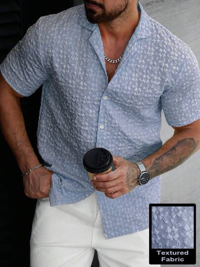 Manfinity Homme Camisa de manga corta con textura para uso diario casual de hombre