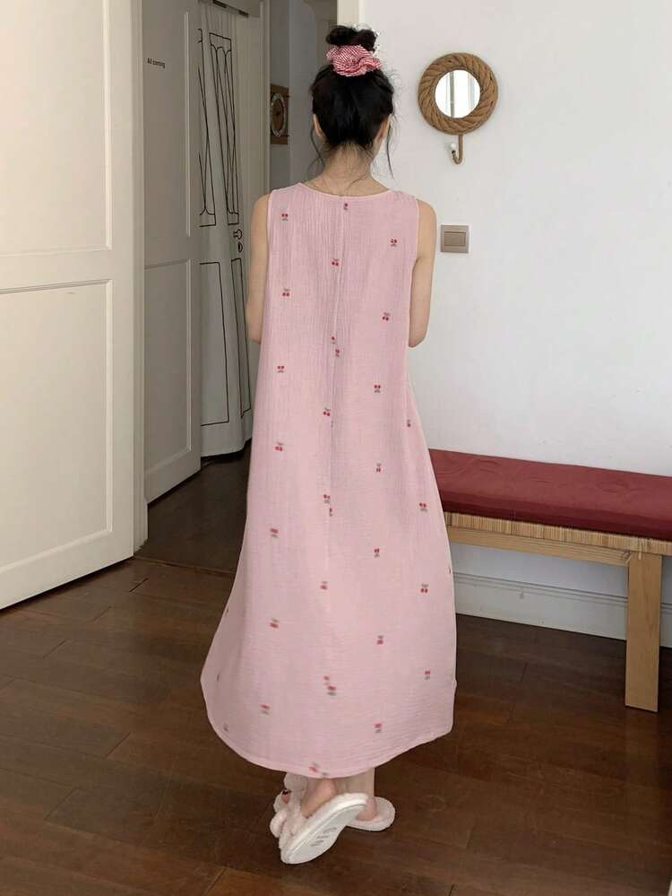 Cherry Print All-Over Textured Chiffon Fabric Sleeveless Loose Women Nightgown