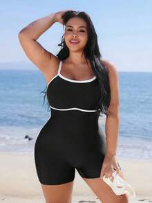 Swim SPRTY 加大码纯黑色白边圆领连体泳衣，适合夏季海滩、度假和冲浪