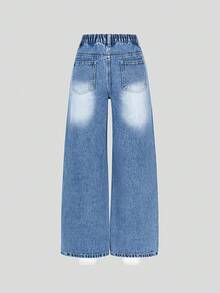 SHEIN Genkimix Kids Tween Girls 2025 Autumn & Winter Fashion Heart Embroidery Sweater And Distressed Wide Leg Jeans Set - Medium Wash - View 2