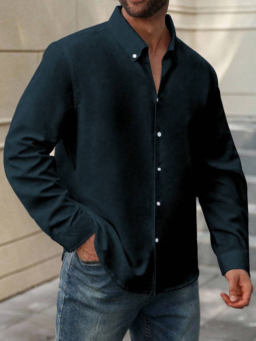 Manfinity Homme 男士加大码休闲纯色长袖衬衫 - 藏蓝色 - 查看 1
