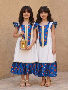 رمضان فستان فضفاض كاجوال للفتيات المراهقات بياقة مستديرة وأكمام قصيرة، مزين بشريط ذهبي وألوان متباينة - الأزرق - مشاهدة 2