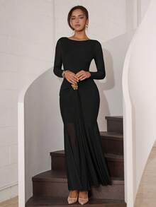 Modelyn 女士纯色圆领修身金属装饰长袖连衣裙 - 黑色 - 查看 3