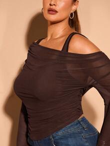 SHEIN BAE Plus Size Green Off-Shoulder Asymmetrical Trumpet Long-Sleeved Camisole Fake Two Elegant And Sweet Tops, Suitable For Daily Outings And Dates - Coffee Brown - View 6