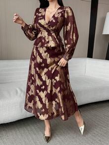 DAZY Bộ đồ 2 mảnh thanh lịch dành cho nữ: áo và chân váy cổ chữ V tay phồng họa tiết hoa, trang phục nghỉ dưỡng phong cách boho mùa thu/đông. - màu nâu - Xem 4