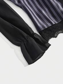 ROMWE Women's Gothic Chiffon Semi-Sheer Striped Bow Blouse - Black - View 4