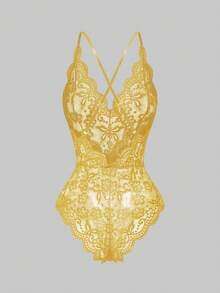 ROMWE Kawaii Romantic Valentine's Day Sexy Lace V-Neck Ruffle Adjustable Strap Bodysuit - Yellow - View 2