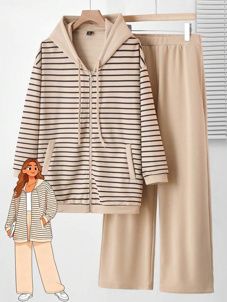 2pcs Plus Size Women Casual Striped Hoodie Jacket And Pants Set With Pockets, ,Women's Lounge Set, Ladies Casual Sets,Going Out Outfits,2026 New Clothes,Simple And Fashionable For Everyday Wear,Early Spring,Vacation Outfits Women ,Holiday Outfits For Women,Spring Outfit Women,Valentine's Day ,Valentine Outfits For Women , 2 Pieces Lounge Sets Woman, Striped Set, Lounge Wear,Summer