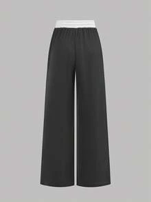 SHEIN Girlism 2件套少女春夏针织条纹撞色休闲修身基础款T恤和撞色腰部宽松口袋裤套装，少女休闲运动街头服饰，适合校园运动、返校、足球运动、户外舒适穿着。 - 深灰色 - 查看 10