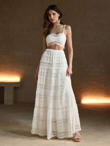 Anewsta Conjunto de dos piezas de unicolor con encaje, estilo de moda europeo y americano, para ropa de fiesta de vacaciones - Blanco - View 6