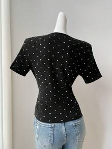 SHEIN EZwear 女士全印花前扣优雅黑色短袖开衫 - 彩色 - 查看 10