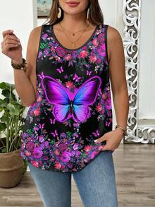SHEIN LUNE Plus Size Women 3D Butterfly Floral Digital Print Casual Minimalist Style American Loose Fit Tank Top Plus Size Tank Top Summer Tops Plus Size Tank Tops Plus Size Women's Tops Plus Size Sleeveless Tops Butterfly Top - Multicolor - View 7