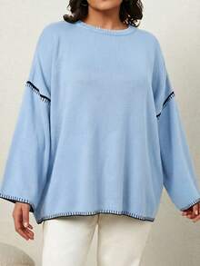 Plus Size Contrast Trim Casual Pullover Sweater - Baby Blue - View 3