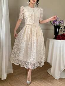 DAZY 2pcs/Set Women's Elegant French Lace Ruched Waist Slim Fit Maxi Dress - Apricot - View 7